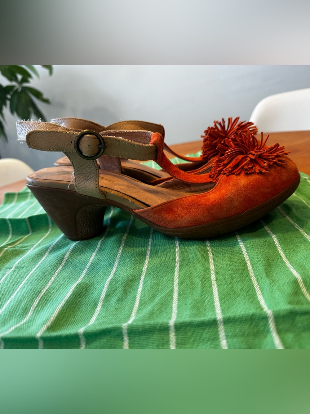 Vintage Miz Mooz Suede Pom Pom Slingback Sandals in Orange-Brown